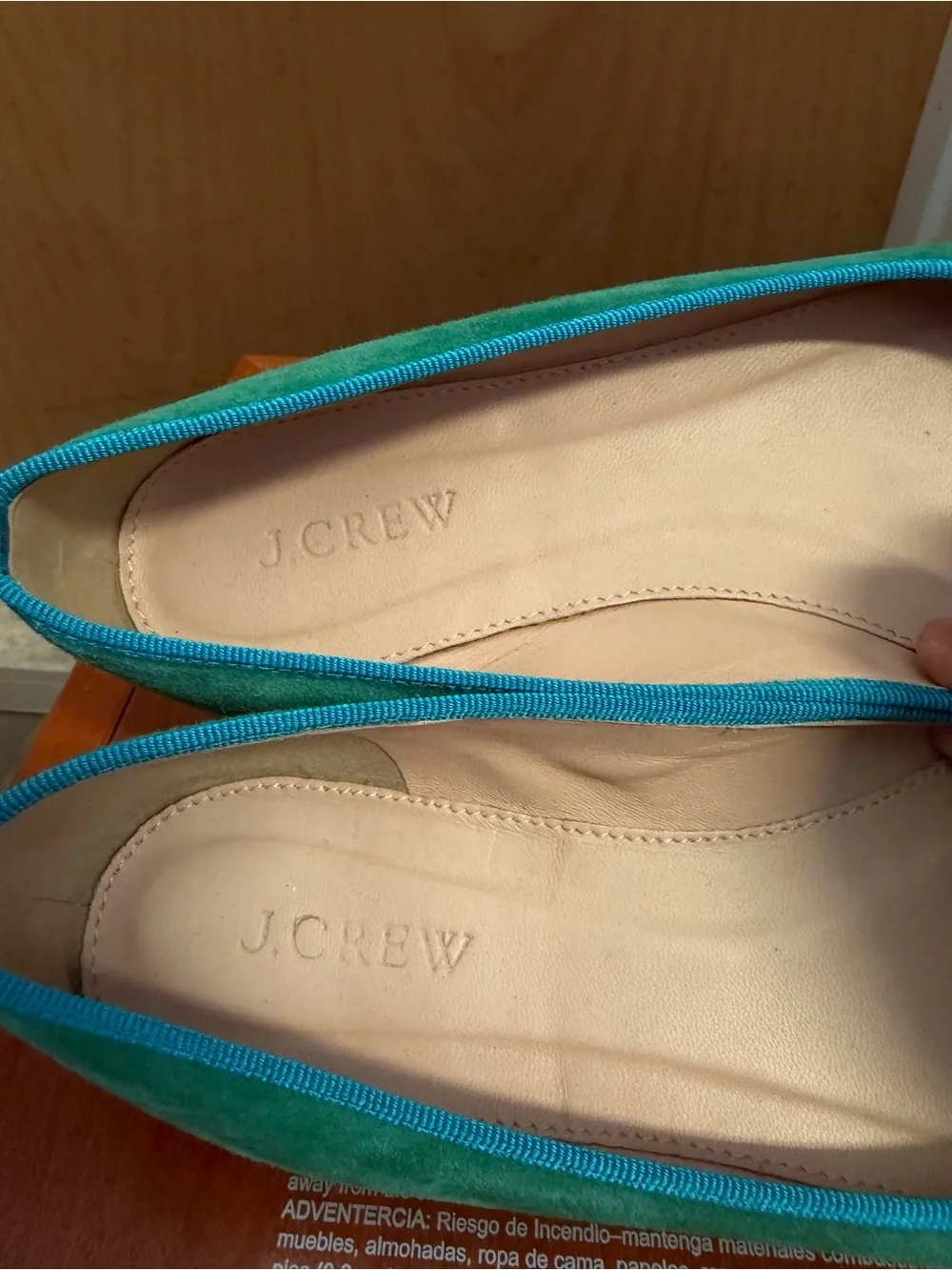 J.Crew Women’s Blue & Green Suede Pointed Toe Pom Pom Ballet Flats. Size: 8.5